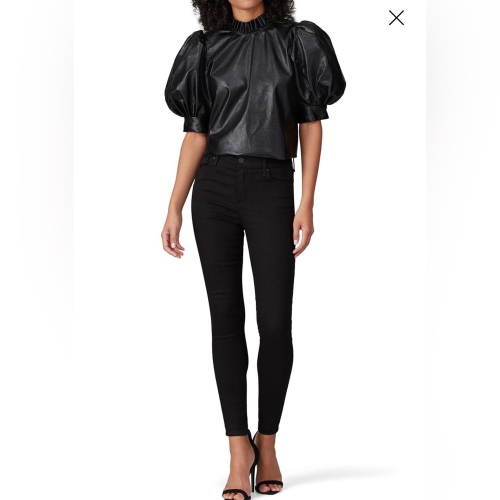 Hunter Bell Stella Faux Leather Top XS Puff Sleeve Ruffle Collar Statement 🖤✨